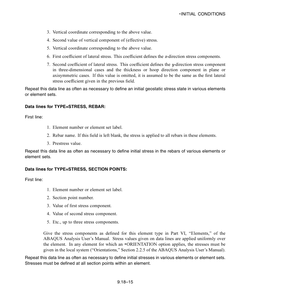Data lines for type = stress, rebar, Data lines for type = stress, section points | ABAQUS Volume II: I–Z User Manual | Page 75 / 628