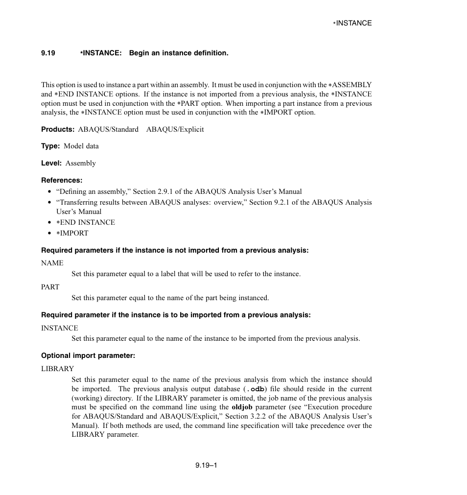 19 * instance: begin an instance definition, Optional import parameter | ABAQUS Volume II: I–Z User Manual | Page 79 / 628