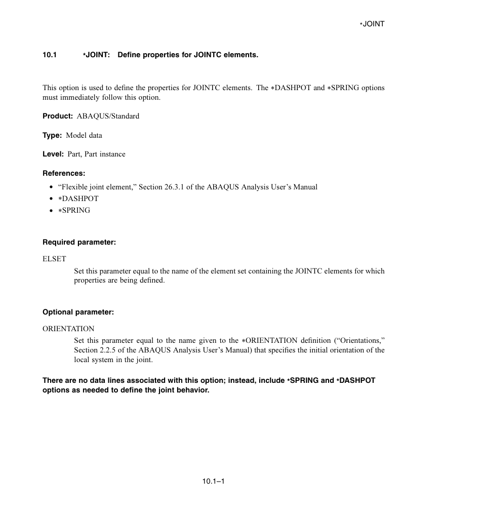 1 * joint: define properties for jointc elements, Required parameter, Optional parameter | ABAQUS Volume II: I–Z User Manual | Page 97 / 628