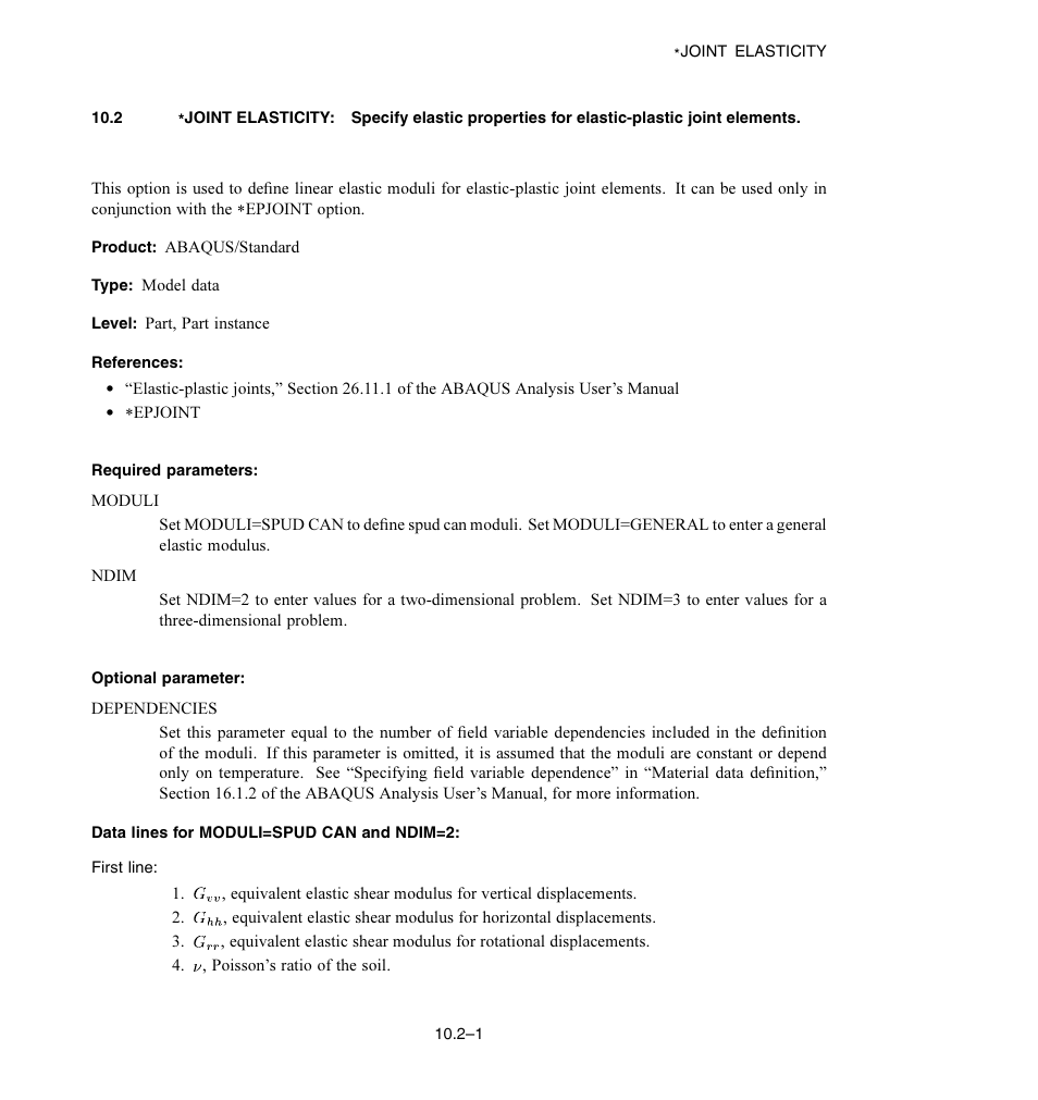 Required parameters, Optional parameter, Data lines for moduli = spud can and ndim =2 | ABAQUS Volume II: I–Z User Manual | Page 99 / 628