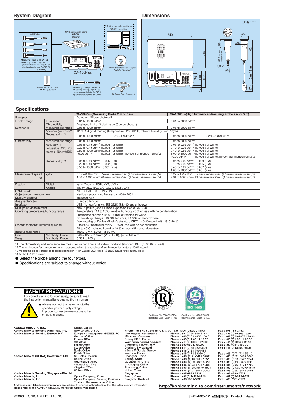 Crt color analyzer, Cm y k, Dimensions | Specifications, System diagram, Safety precautions | Konica Minolta CA-100Plus User Manual | Page 4 / 4