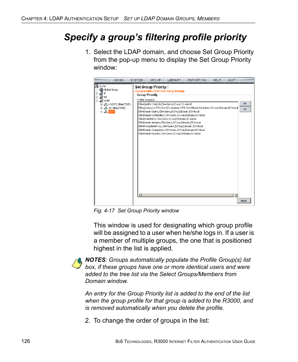 Specify a group’s filtering profile priority | 8e6 Technologies Enterprise Filter Authentication R3000 User Manual | Page 140 / 333