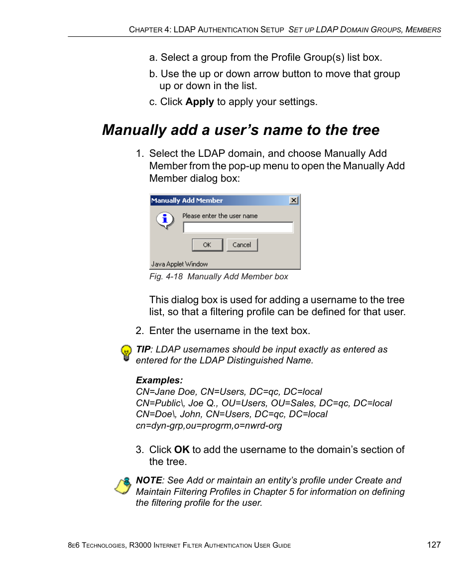 Manually add a user’s name to the tree | 8e6 Technologies Enterprise Filter Authentication R3000 User Manual | Page 141 / 333