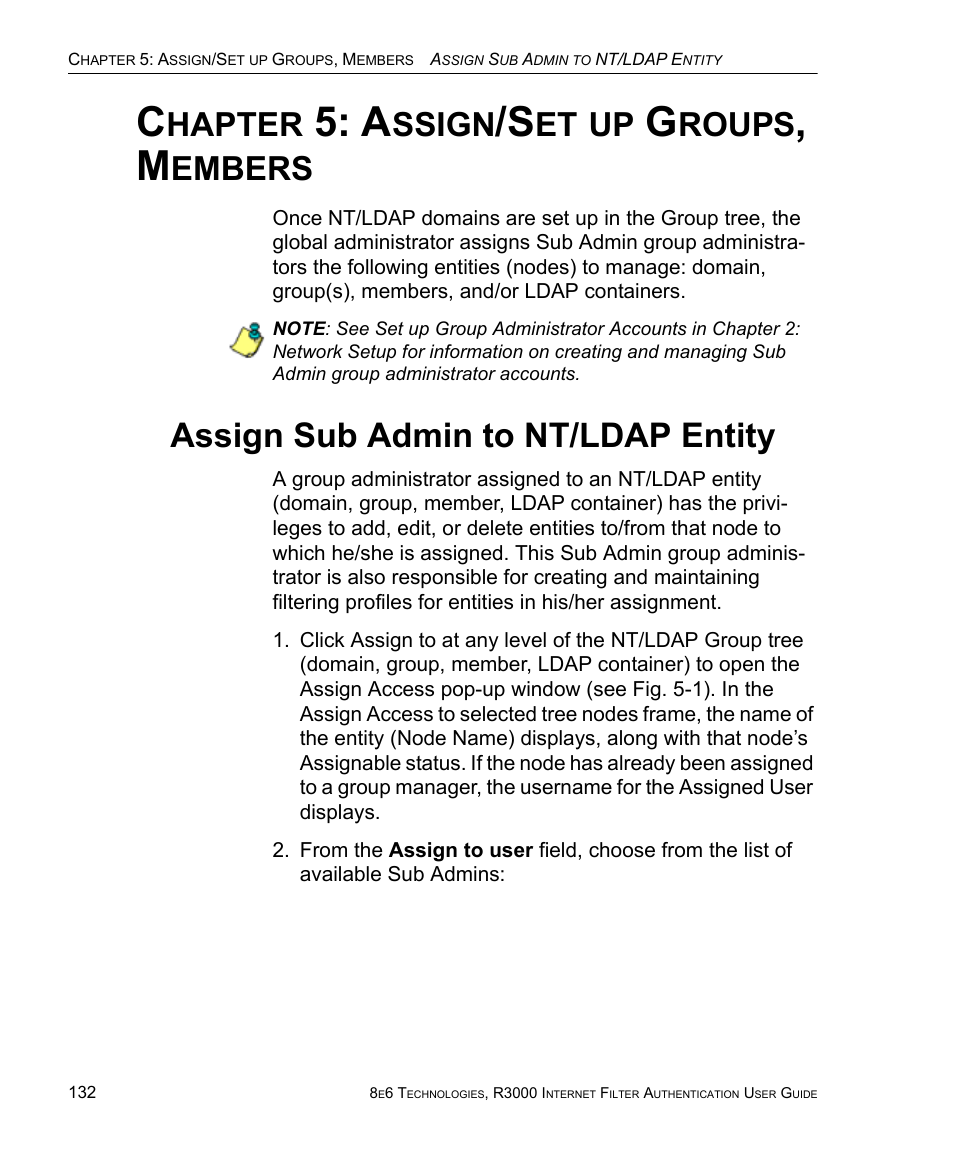 Chapter 5: assign/set up groups, members, Assign sub admin to nt/ldap entity, Hapter | Ssign, Roups, Embers | 8e6 Technologies Enterprise Filter Authentication R3000 User Manual | Page 146 / 333