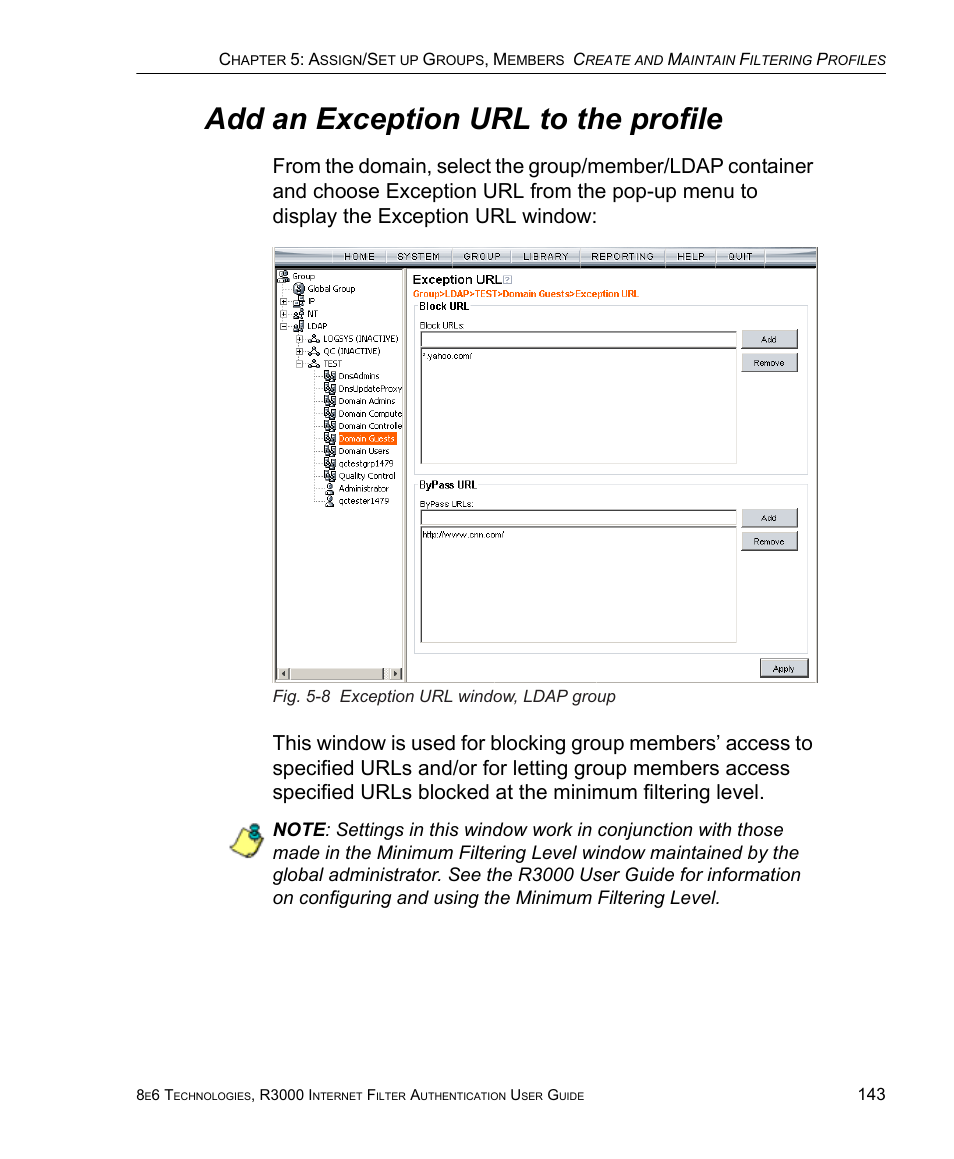 Add an exception url to the profile | 8e6 Technologies Enterprise Filter Authentication R3000 User Manual | Page 157 / 333