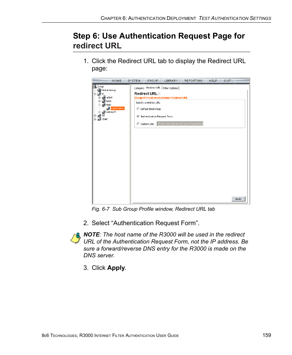 Select “authentication request form, Click apply | 8e6 Technologies Enterprise Filter Authentication R3000 User Manual | Page 173 / 333