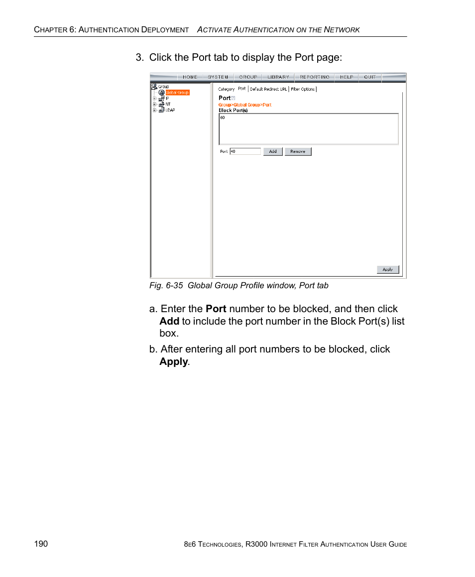 Click the port tab to display the port page | 8e6 Technologies Enterprise Filter Authentication R3000 User Manual | Page 204 / 333