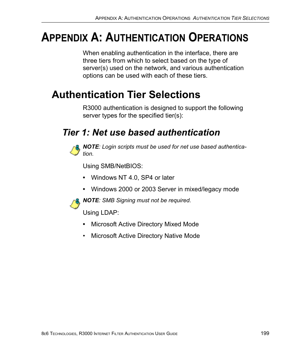 Appendix a: authentication operations, Authentication tier selections, Tier 1: net use based authentication | Ppendix, A: a, Uthentication, Perations | 8e6 Technologies Enterprise Filter Authentication R3000 User Manual | Page 213 / 333