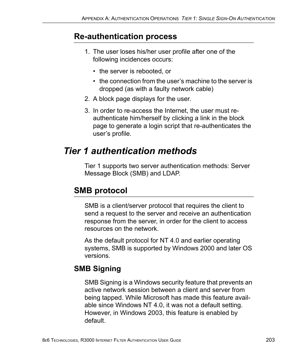 Re-authentication process, Tier 1 authentication methods, Smb protocol | Smb signing | 8e6 Technologies Enterprise Filter Authentication R3000 User Manual | Page 217 / 333