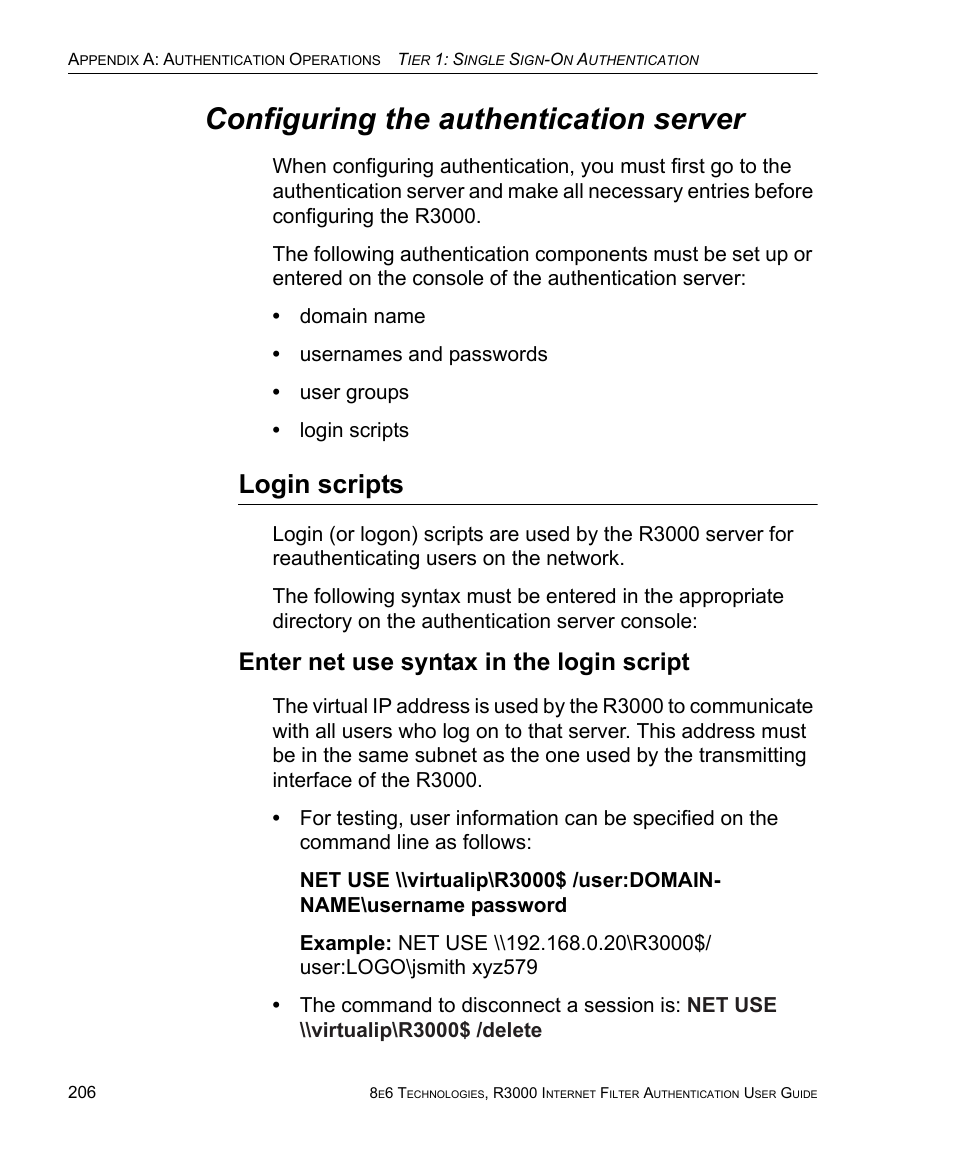 Configuring the authentication server, Login scripts, Enter net use syntax in the login script | 8e6 Technologies Enterprise Filter Authentication R3000 User Manual | Page 220 / 333