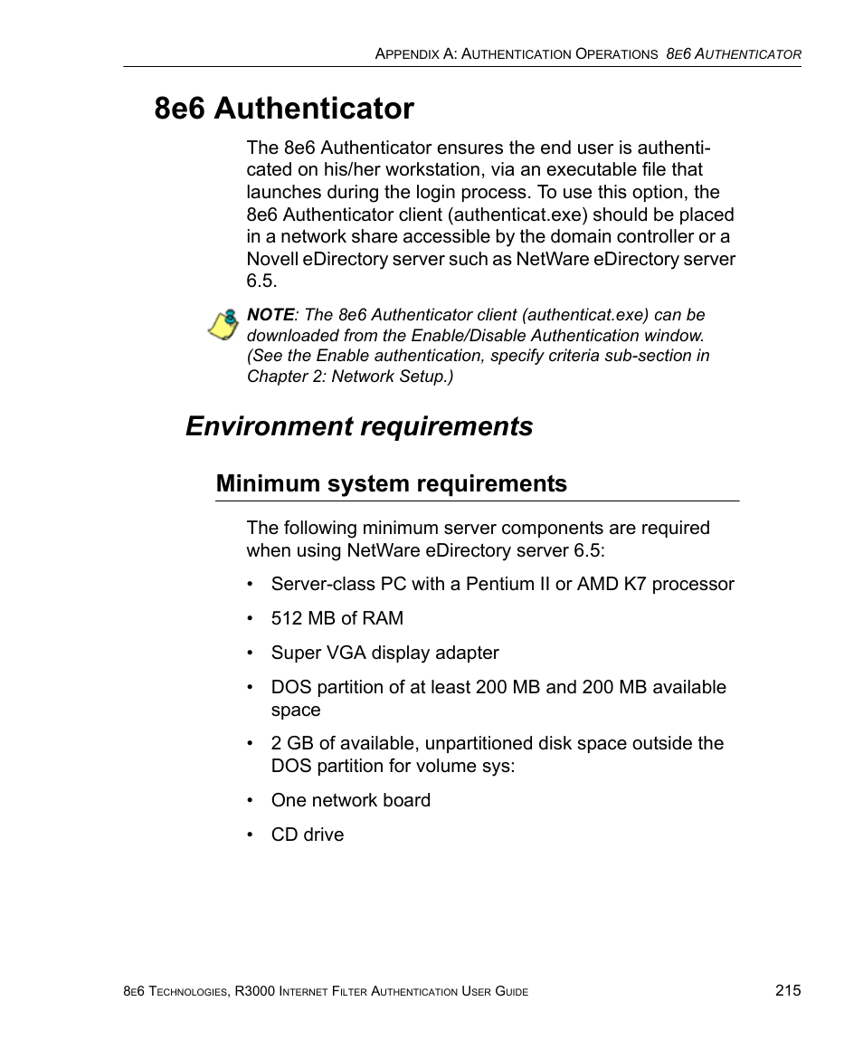 Environment requirements, Minimum system requirements, 8e6 authenticator | 8e6 Technologies Enterprise Filter Authentication R3000 User Manual | Page 229 / 333