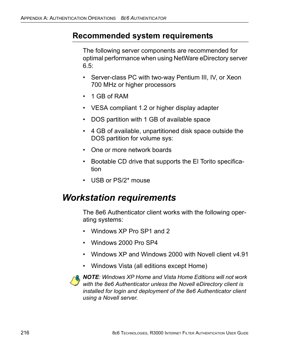 Recommended system requirements, Workstation requirements | 8e6 Technologies Enterprise Filter Authentication R3000 User Manual | Page 230 / 333