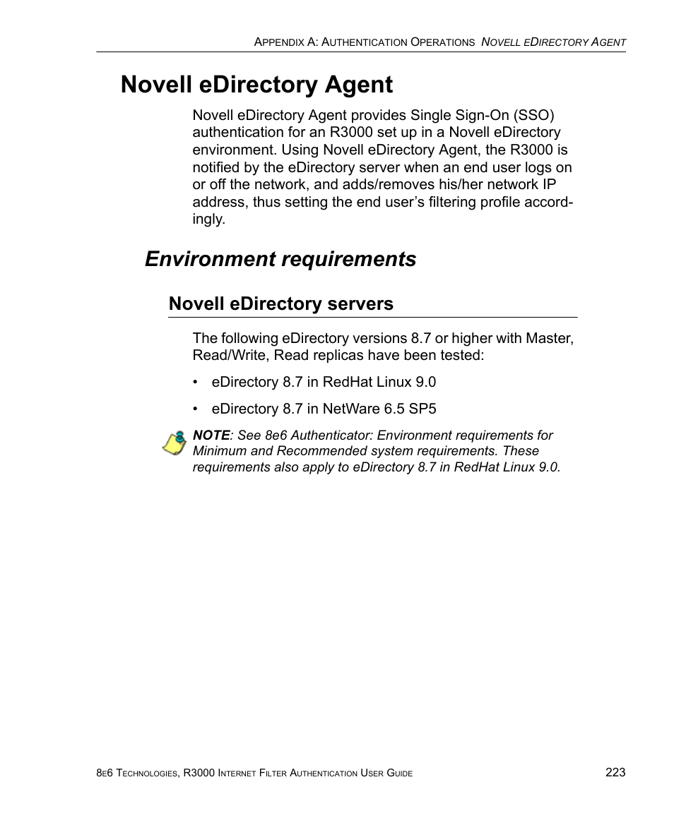 Environment requirements, Novell edirectory servers, Novell edirectory agent | 8e6 Technologies Enterprise Filter Authentication R3000 User Manual | Page 237 / 333