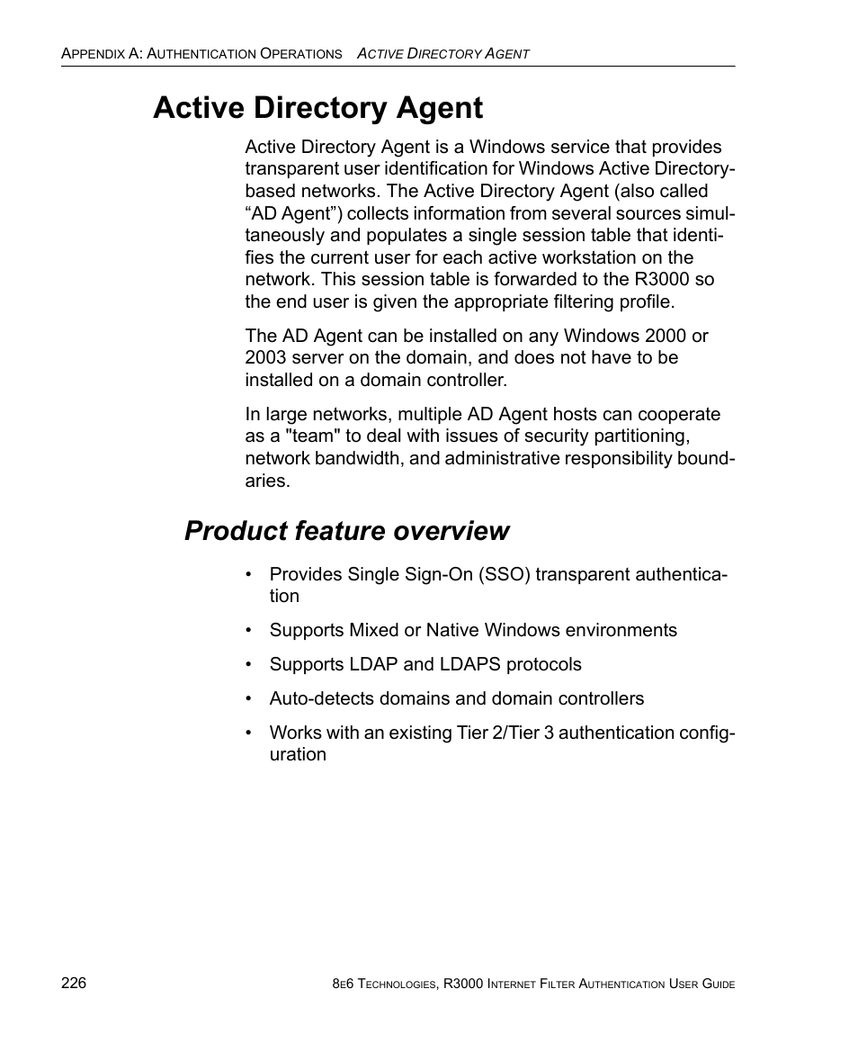 Product feature overview, Active directory agent | 8e6 Technologies Enterprise Filter Authentication R3000 User Manual | Page 240 / 333