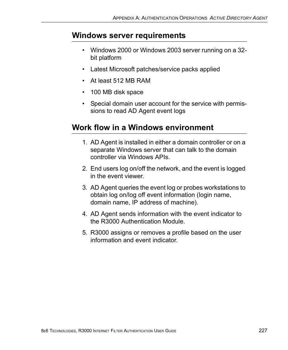 Windows server requirements, Work flow in a windows environment | 8e6 Technologies Enterprise Filter Authentication R3000 User Manual | Page 241 / 333