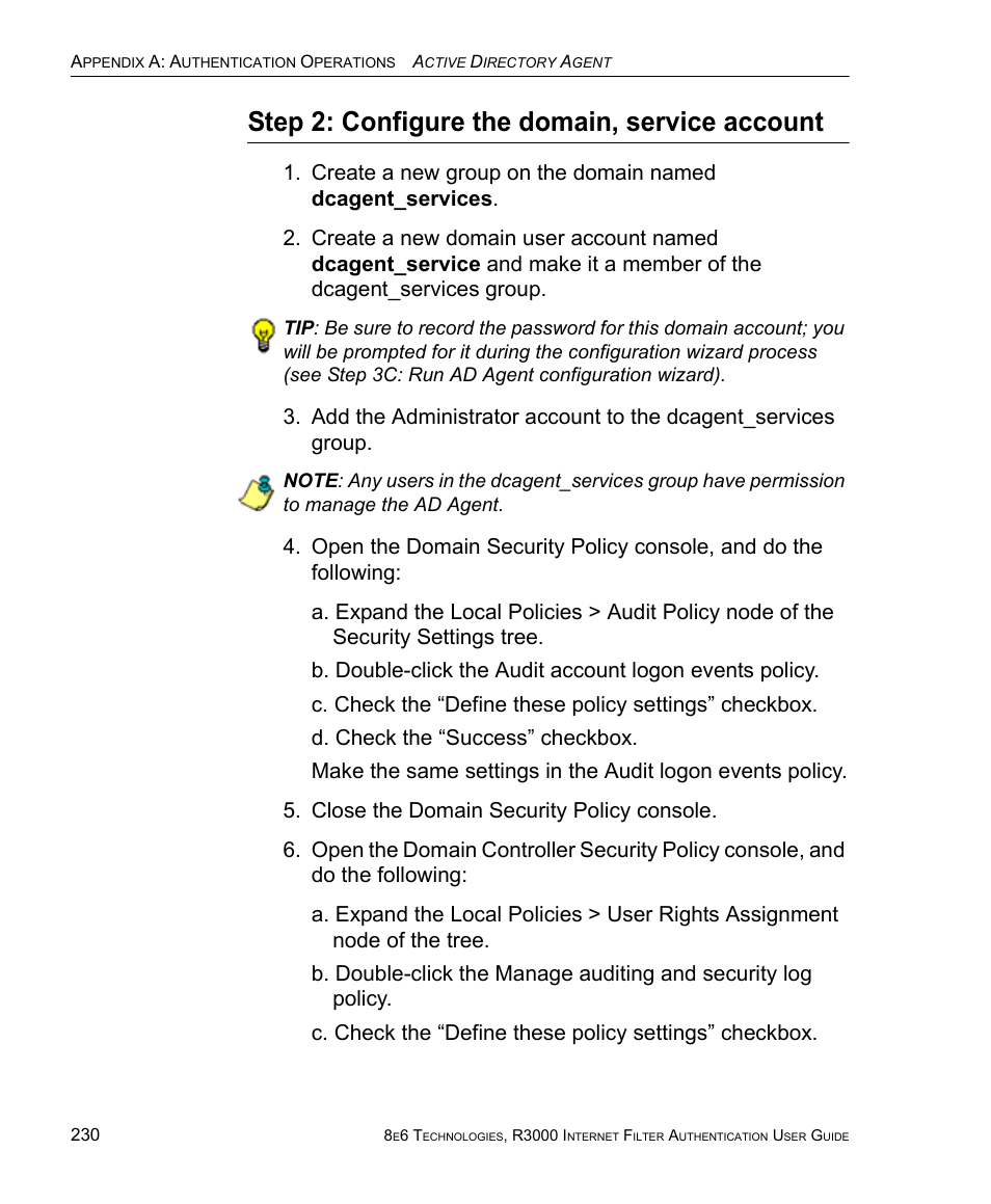 Step 2: configure the domain, service account | 8e6 Technologies Enterprise Filter Authentication R3000 User Manual | Page 244 / 333