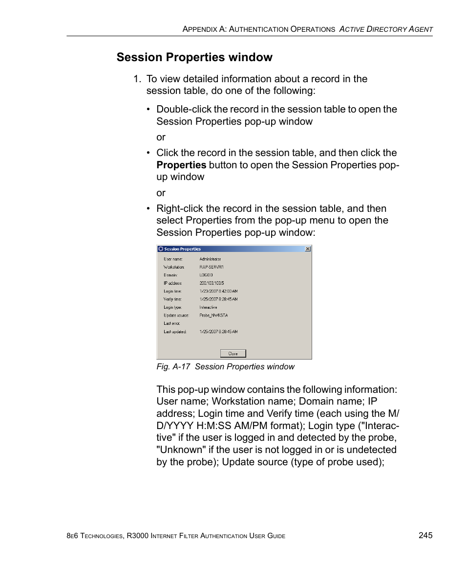 Session properties window | 8e6 Technologies Enterprise Filter Authentication R3000 User Manual | Page 259 / 333