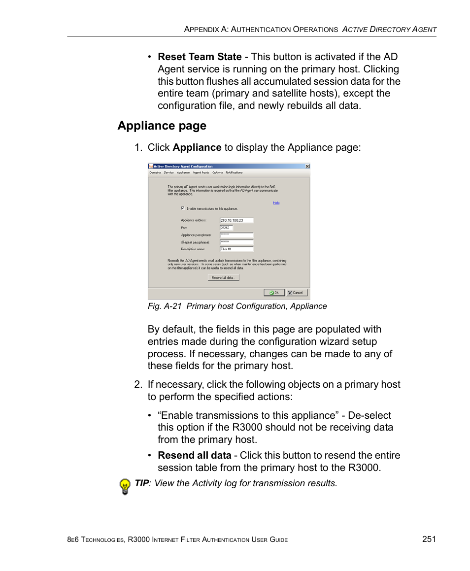 Appliance page, Click appliance to display the appliance page | 8e6 Technologies Enterprise Filter Authentication R3000 User Manual | Page 265 / 333