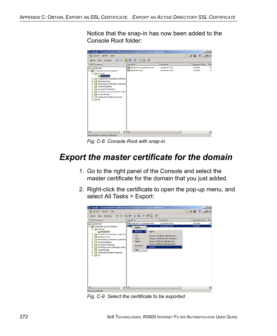 Export the master certificate for the domain | 8e6 Technologies Enterprise Filter Authentication R3000 User Manual | Page 286 / 333