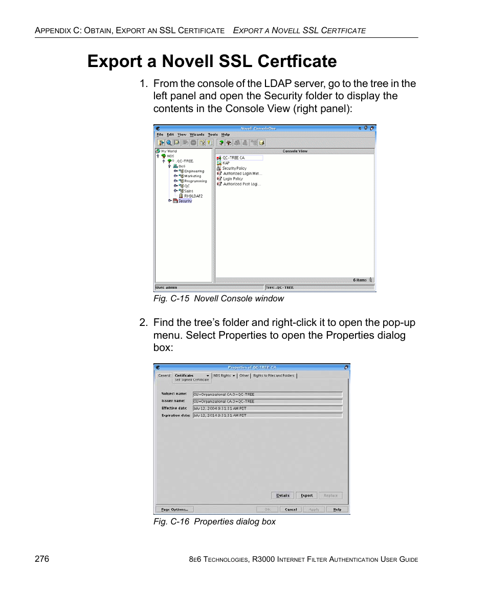 Export a novell ssl certficate | 8e6 Technologies Enterprise Filter Authentication R3000 User Manual | Page 290 / 333