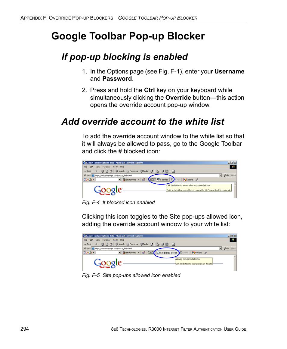 If pop-up blocking is enabled, Add override account to the white list, Google toolbar pop-up blocker | 8e6 Technologies Enterprise Filter Authentication R3000 User Manual | Page 308 / 333