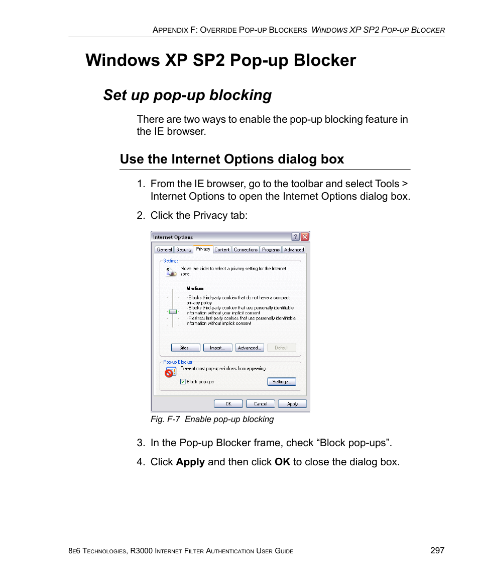 Set up pop-up blocking, Use the internet options dialog box, Windows xp sp2 pop-up blocker | 8e6 Technologies Enterprise Filter Authentication R3000 User Manual | Page 311 / 333