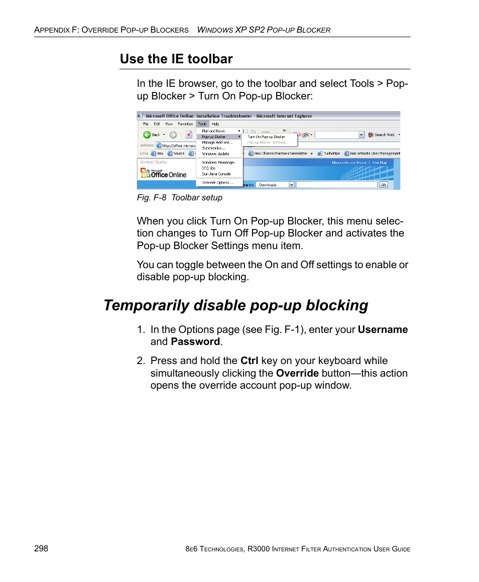 Use the ie toolbar, Temporarily disable pop-up blocking | 8e6 Technologies Enterprise Filter Authentication R3000 User Manual | Page 312 / 333