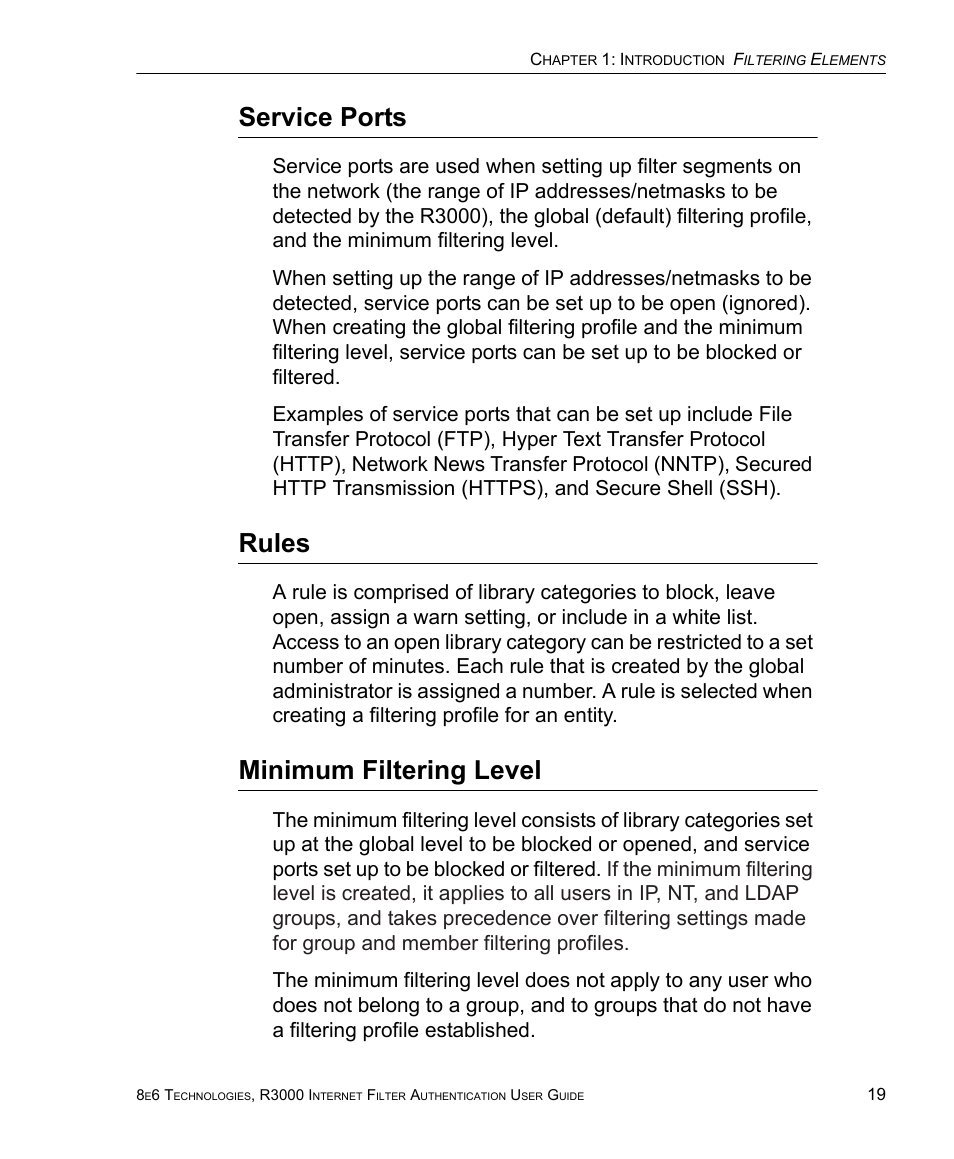 Service ports, Rules, Minimum filtering level | Service ports rules minimum filtering level | 8e6 Technologies Enterprise Filter Authentication R3000 User Manual | Page 33 / 333