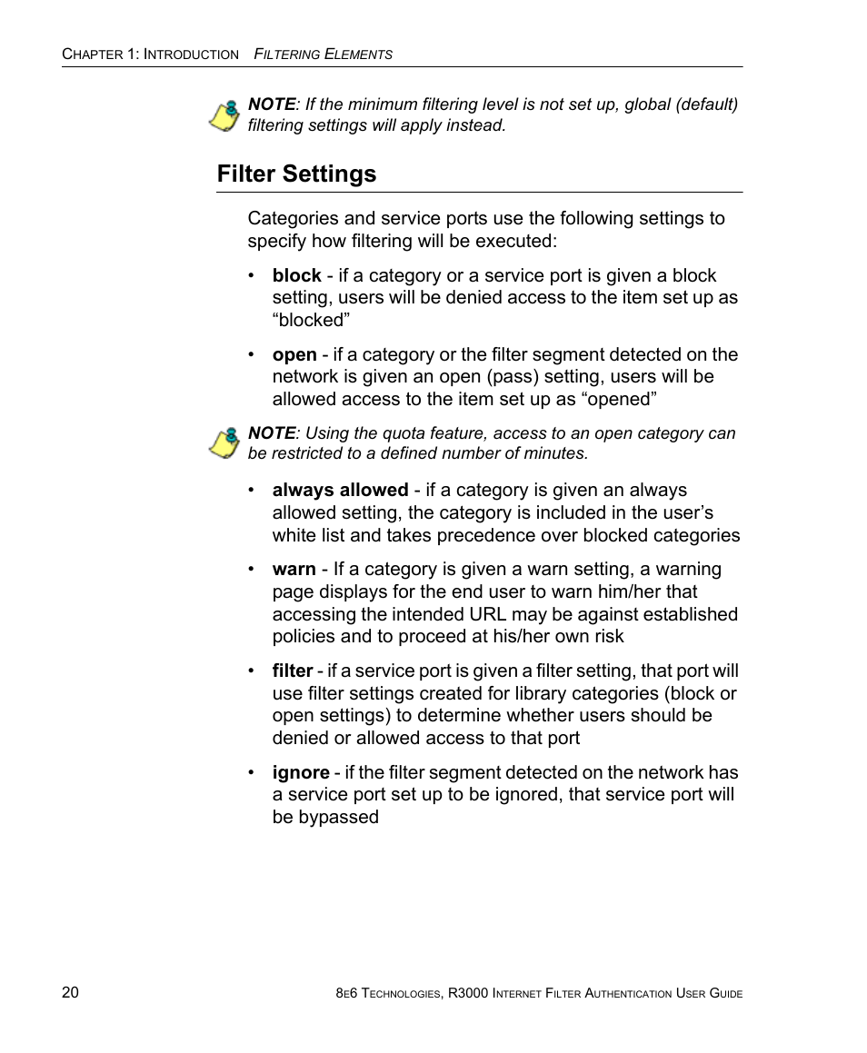 Filter settings | 8e6 Technologies Enterprise Filter Authentication R3000 User Manual | Page 34 / 333