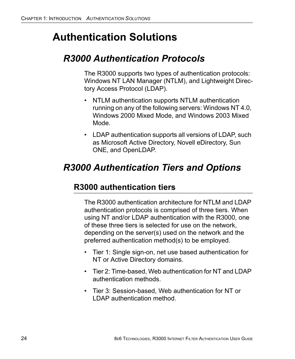 Authentication solutions, R3000 authentication protocols, R3000 authentication tiers and options | R3000 authentication tiers | 8e6 Technologies Enterprise Filter Authentication R3000 User Manual | Page 38 / 333