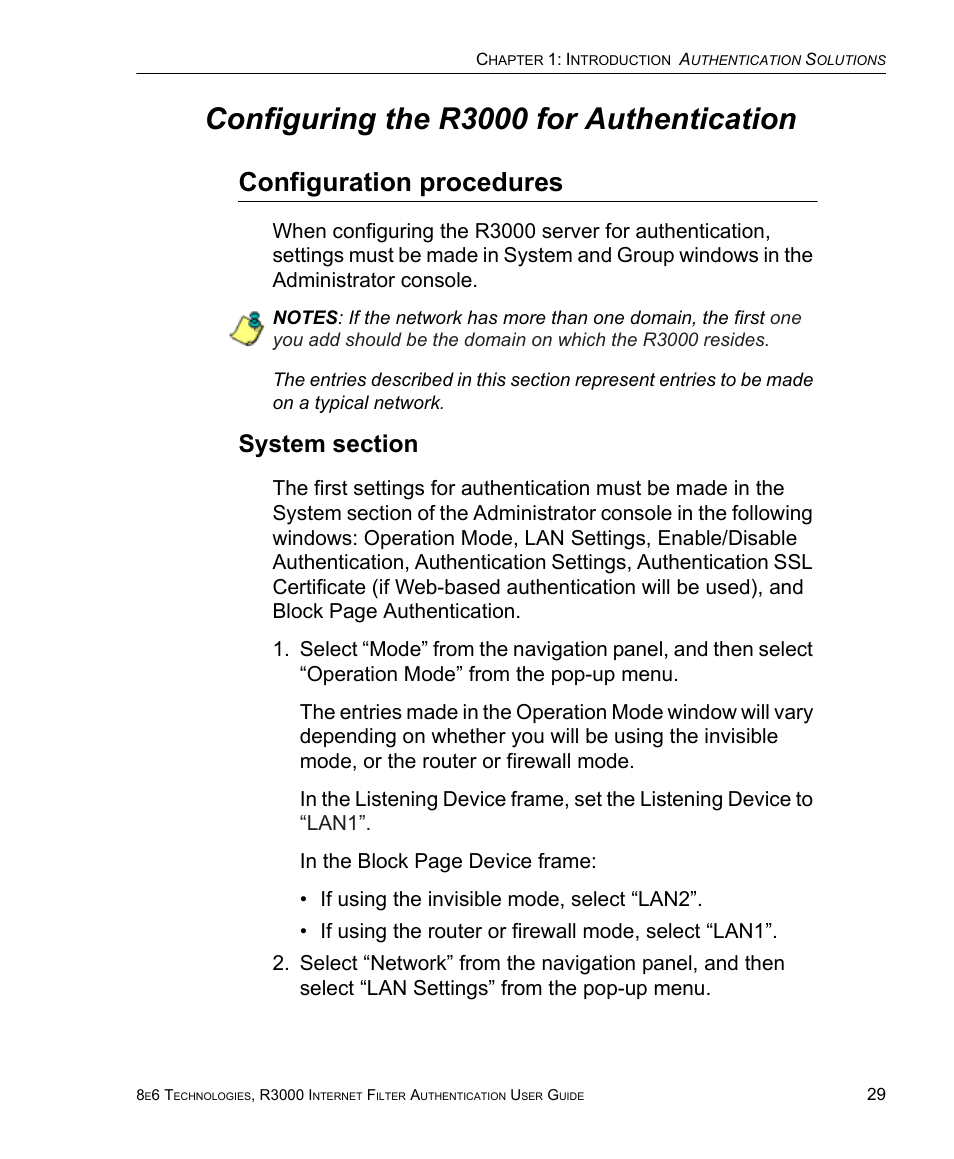 Configuring the r3000 for authentication, Configuration procedures, System section | 8e6 Technologies Enterprise Filter Authentication R3000 User Manual | Page 43 / 333