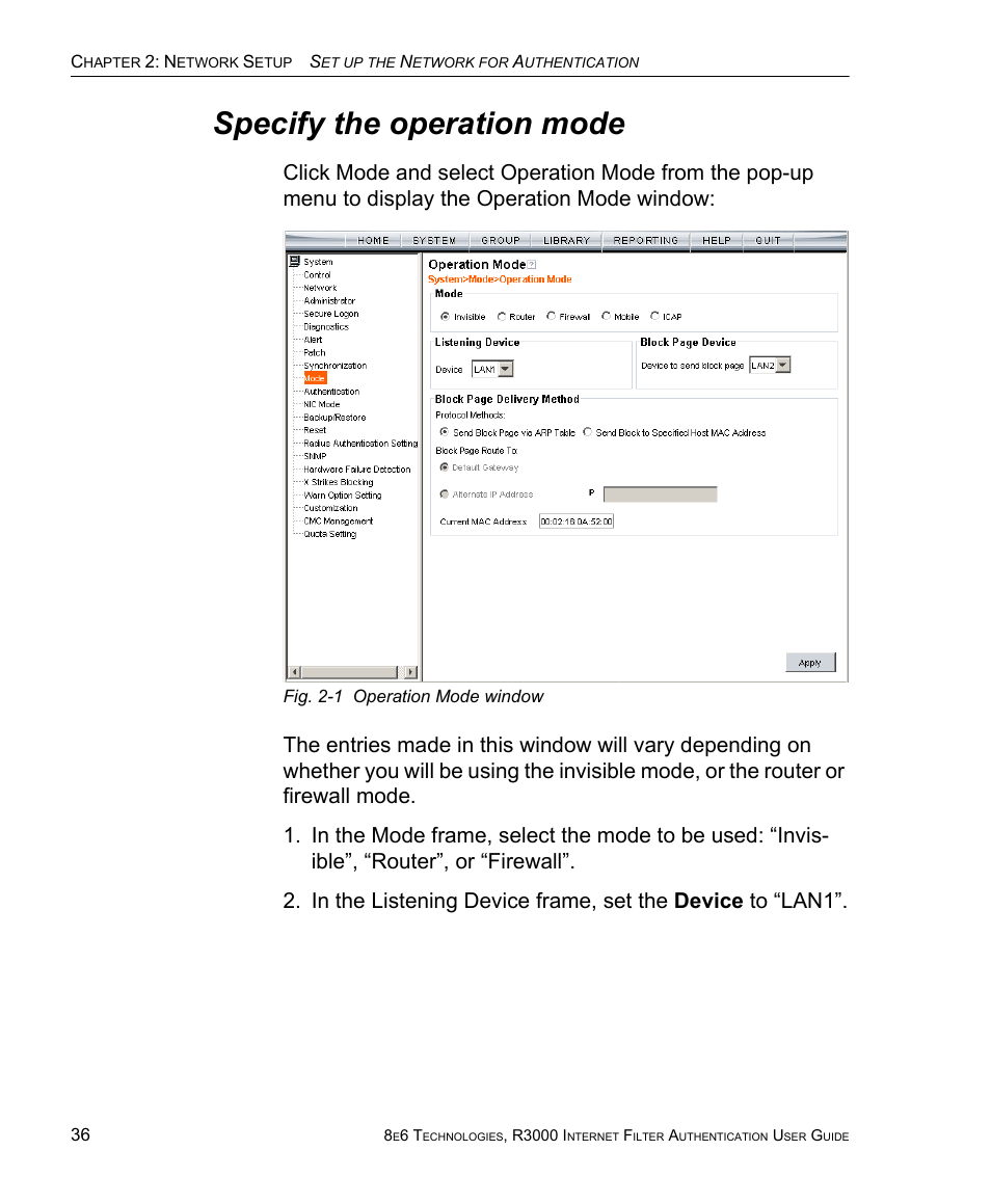 Specify the operation mode | 8e6 Technologies Enterprise Filter Authentication R3000 User Manual | Page 50 / 333