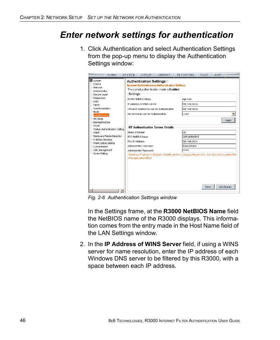 Enter network settings for authentication | 8e6 Technologies Enterprise Filter Authentication R3000 User Manual | Page 60 / 333