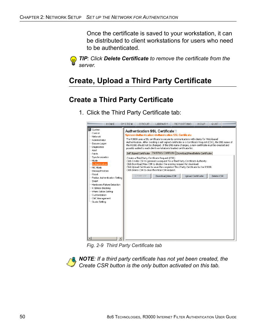 Create, upload a third party certificate, Create a third party certificate, Click the third party certificate tab | 8e6 Technologies Enterprise Filter Authentication R3000 User Manual | Page 64 / 333