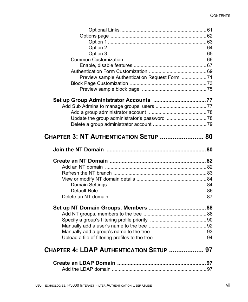 Chapter 3: nt authentication setup 80, Chapter 4: ldap authentication setup 97, Nt a | Ldap a | 8e6 Technologies Enterprise Filter Authentication R3000 User Manual | Page 7 / 333