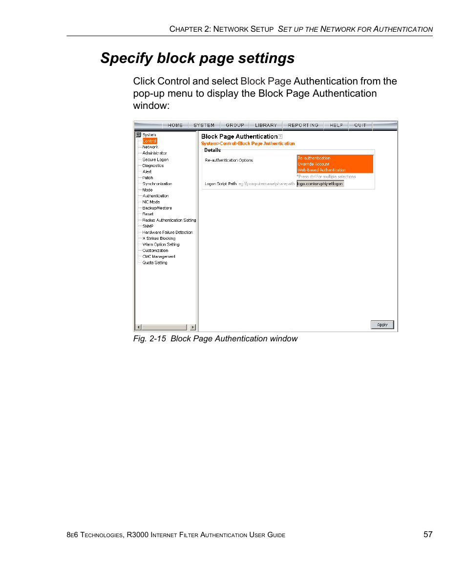 Specify block page settings | 8e6 Technologies Enterprise Filter Authentication R3000 User Manual | Page 71 / 333