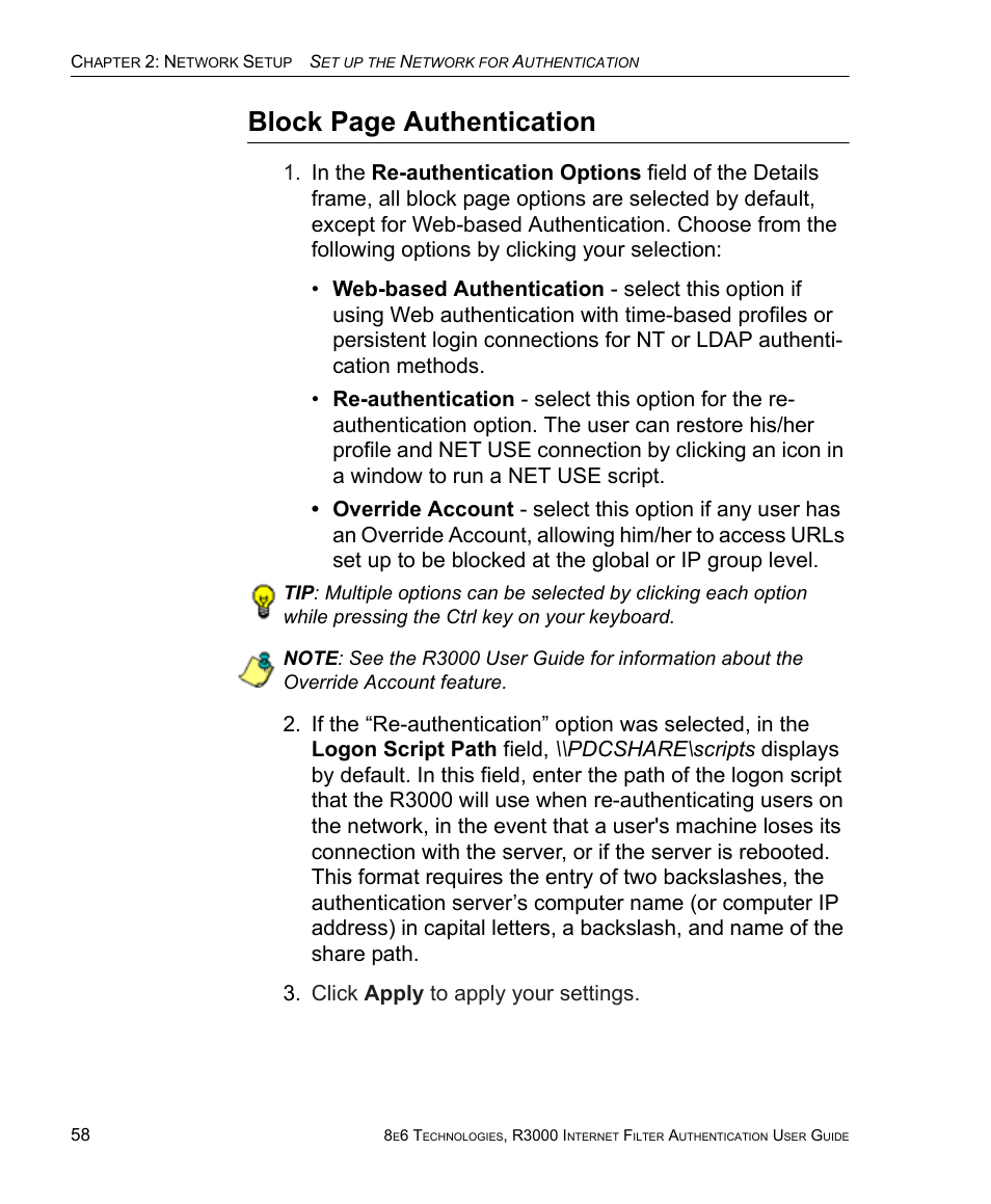 Block page authentication | 8e6 Technologies Enterprise Filter Authentication R3000 User Manual | Page 72 / 333