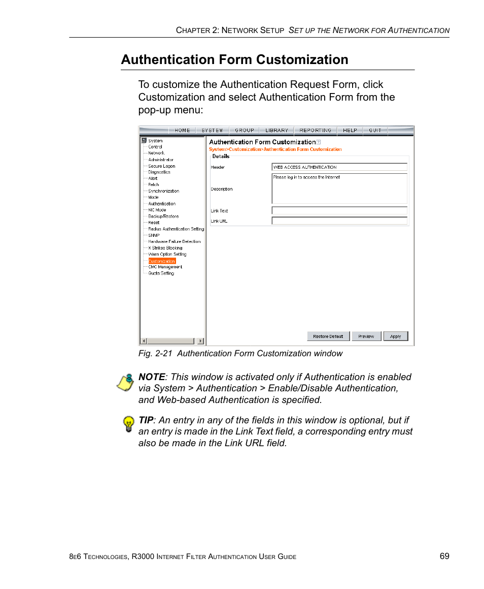 Authentication form customization | 8e6 Technologies Enterprise Filter Authentication R3000 User Manual | Page 83 / 333