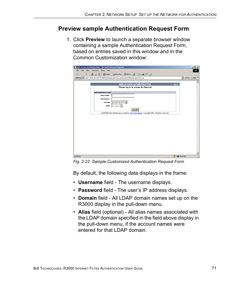 Preview sample authentication request form | 8e6 Technologies Enterprise Filter Authentication R3000 User Manual | Page 85 / 333