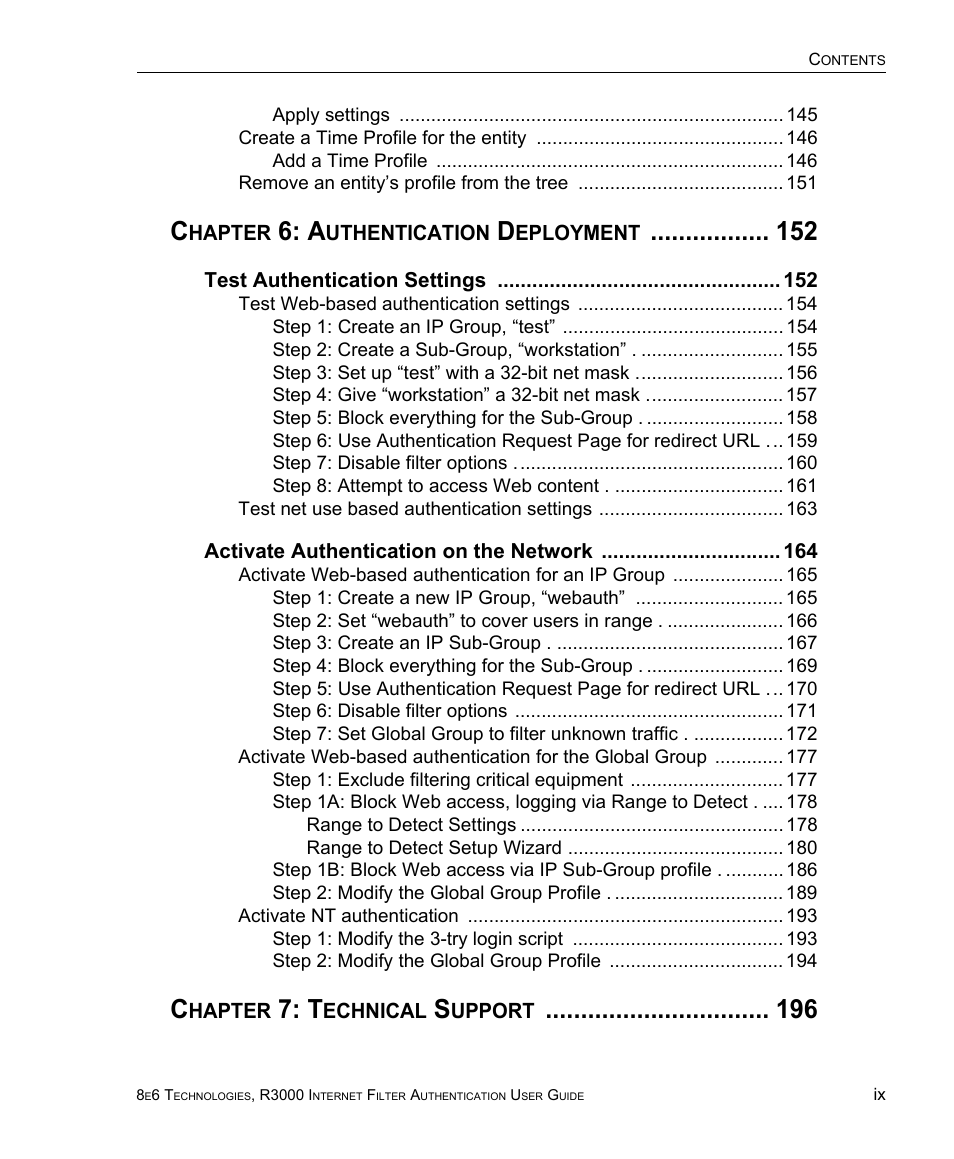 Chapter 6: authentication deployment 152, Chapter 7: technical support 196 | 8e6 Technologies Enterprise Filter Authentication R3000 User Manual | Page 9 / 333