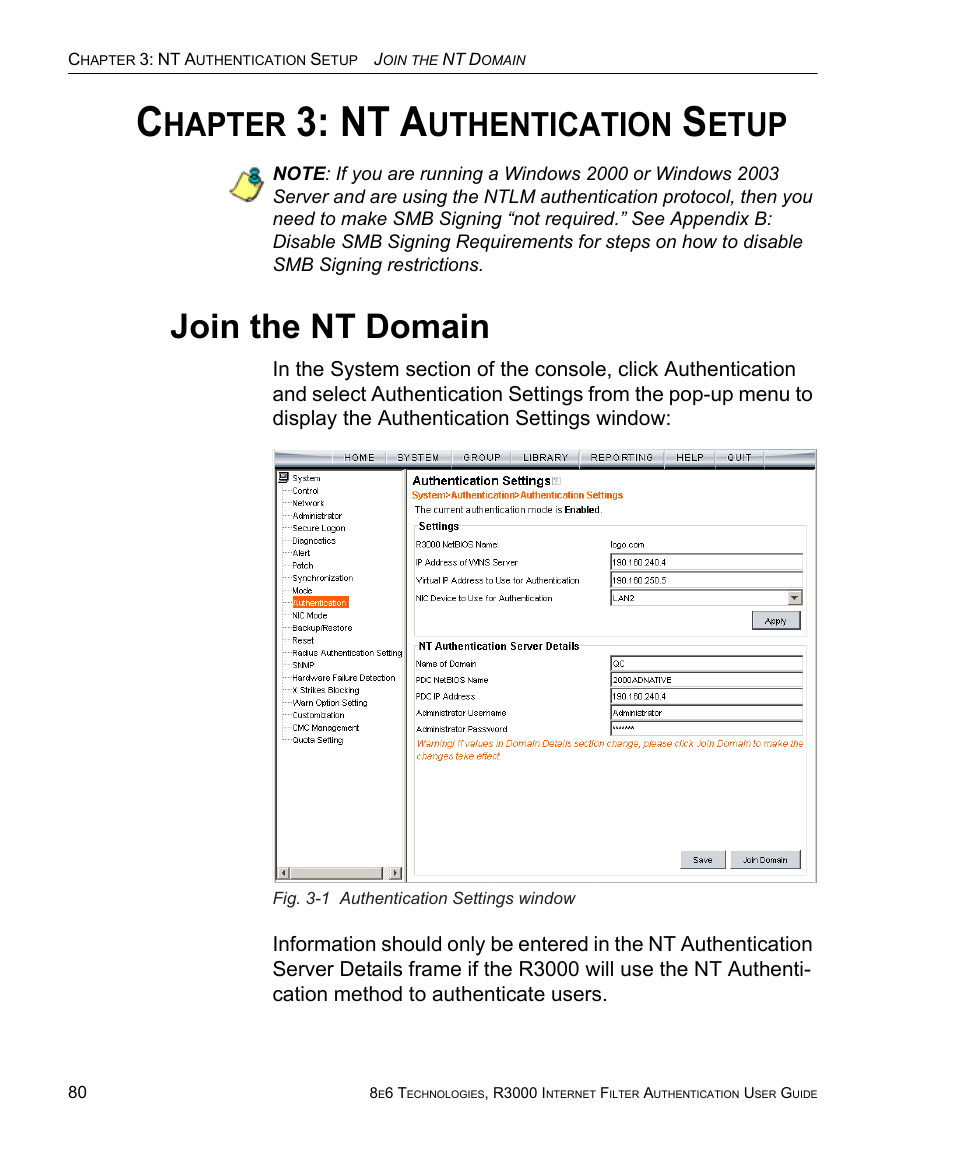 Chapter 3: nt authentication setup, Join the nt domain, Hapter | Nt a, Uthentication, Etup | 8e6 Technologies Enterprise Filter Authentication R3000 User Manual | Page 94 / 333