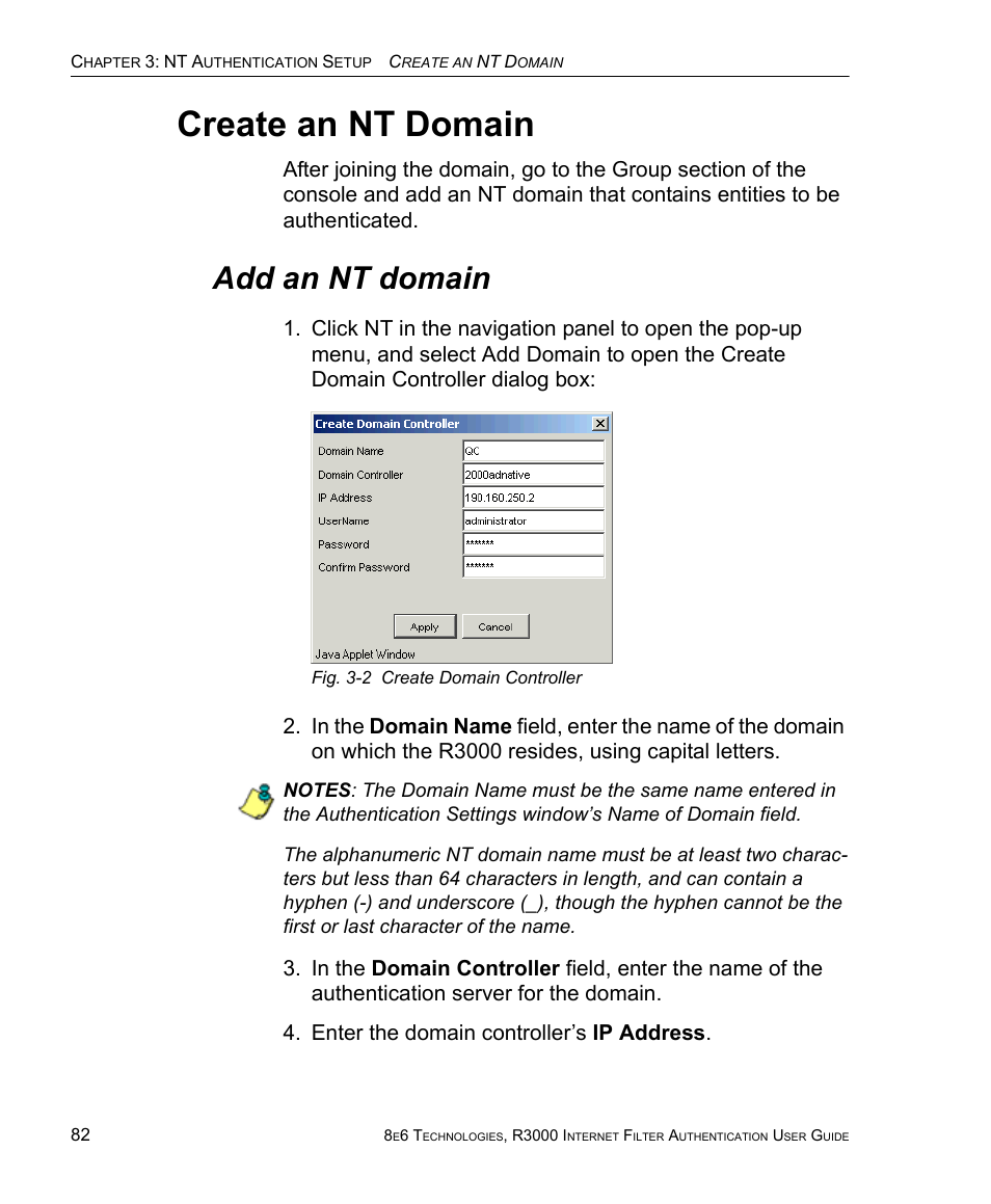 Create an nt domain, Add an nt domain | 8e6 Technologies Enterprise Filter Authentication R3000 User Manual | Page 96 / 333