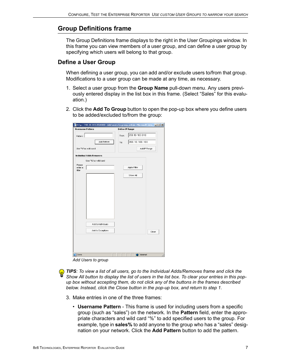 Group definitions frame, Define a user group | 8e6 Technologies Enterprise Reporter ER HL/SL User Manual | Page 11 / 48