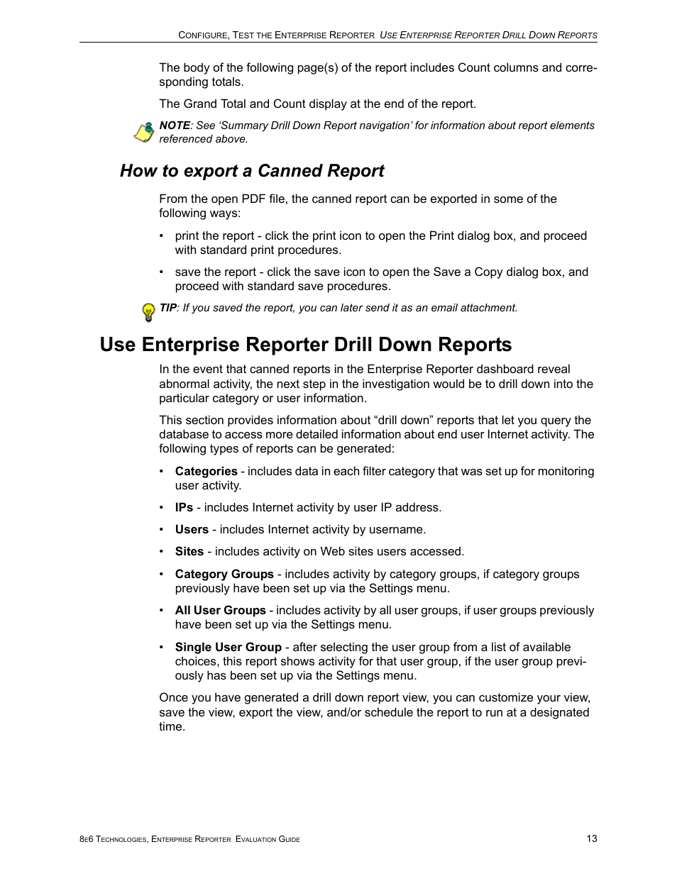 How to export a canned report, Use enterprise reporter drill down reports | 8e6 Technologies Enterprise Reporter ER HL/SL User Manual | Page 17 / 48