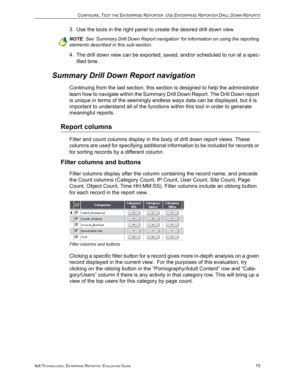 Summary drill down report navigation, Report columns, Filter columns and buttons | 8e6 Technologies Enterprise Reporter ER HL/SL User Manual | Page 19 / 48