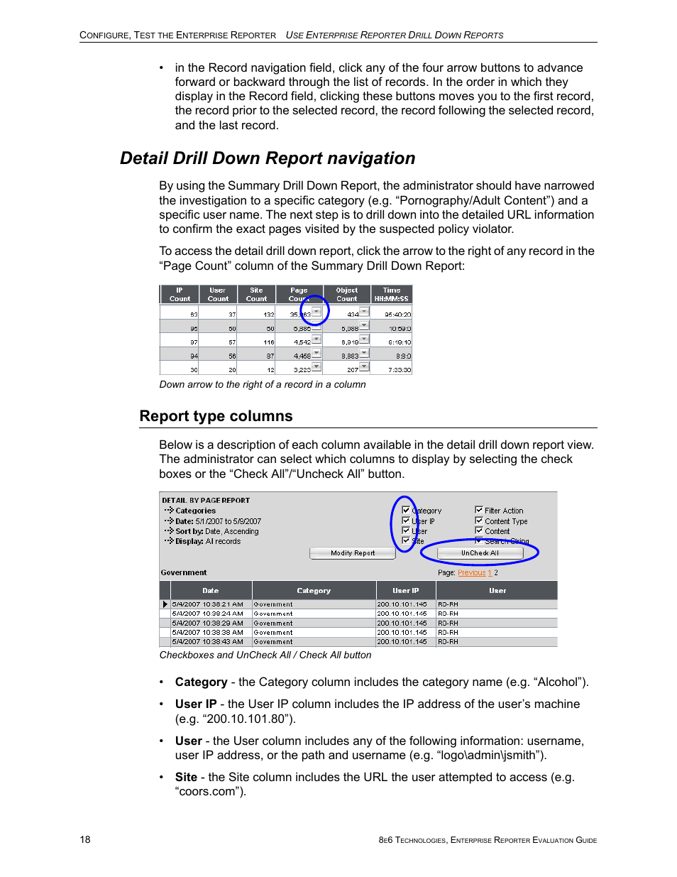 Detail drill down report navigation, Report type columns | 8e6 Technologies Enterprise Reporter ER HL/SL User Manual | Page 22 / 48