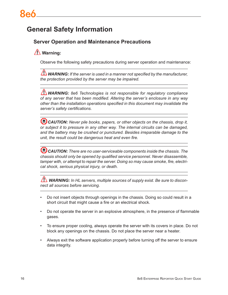 General safety information, Server operation and maintenance precautions | 8e6 Technologies Enterprise Reporter SL-002-002 User Manual | Page 20 / 76