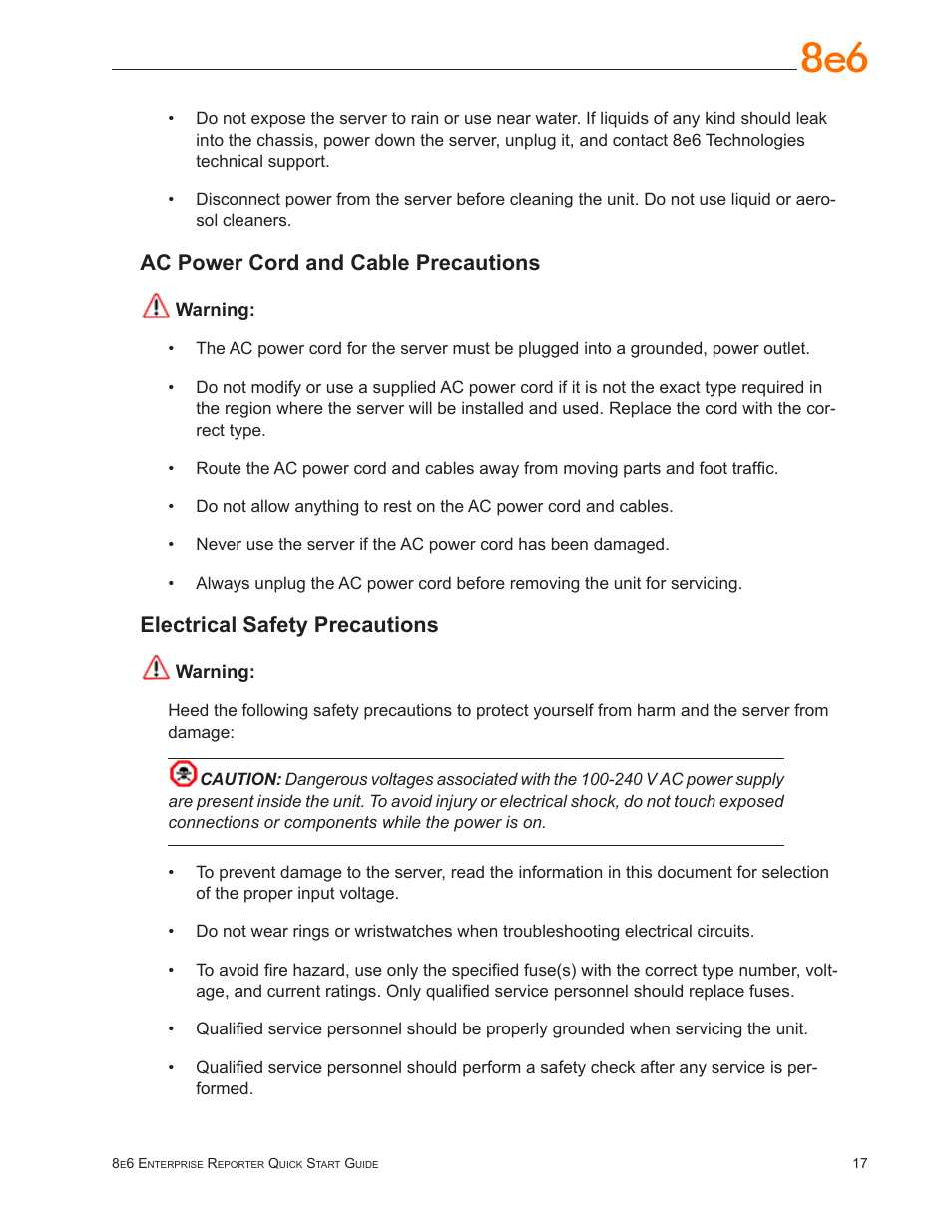 Ac power cord and cable precautions, Electrical safety precautions | 8e6 Technologies Enterprise Reporter SL-002-002 User Manual | Page 21 / 76