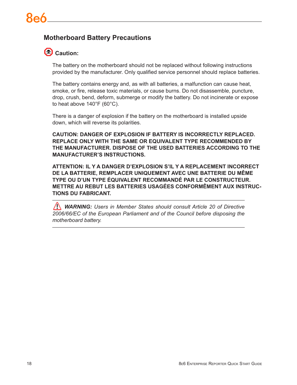 Motherboard battery precautions | 8e6 Technologies Enterprise Reporter SL-002-002 User Manual | Page 22 / 76