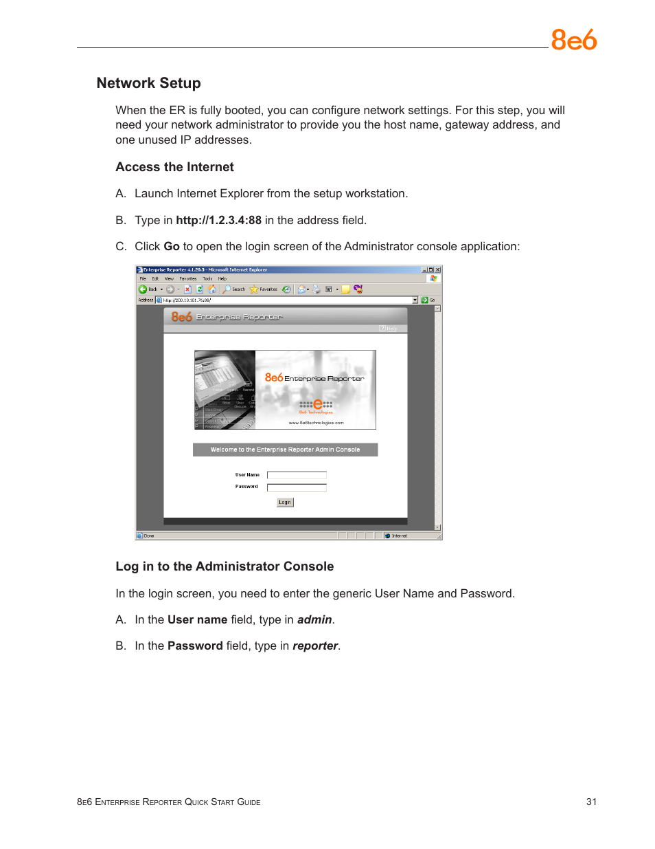 Network setup | 8e6 Technologies Enterprise Reporter SL-002-002 User Manual | Page 35 / 76